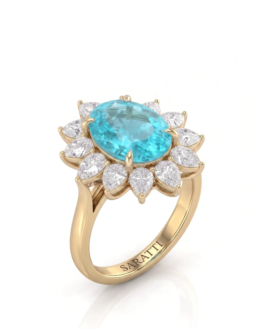 Yellow gold view of ASTRA II Oval Paraiba Tourmaline cluster-shoulder solitaire setting | SARATTI