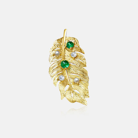 Emerald Plume Brooch in textured 18K gold with natural emeralds and pearls | SARATTI