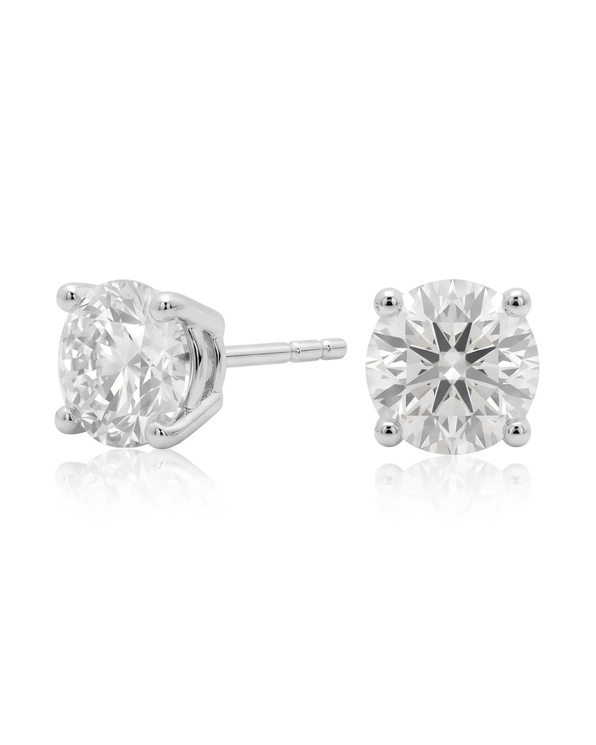 3.00 ct. tw. lab-grown round diamond four-prong studs in platinum, front view | SARATTI