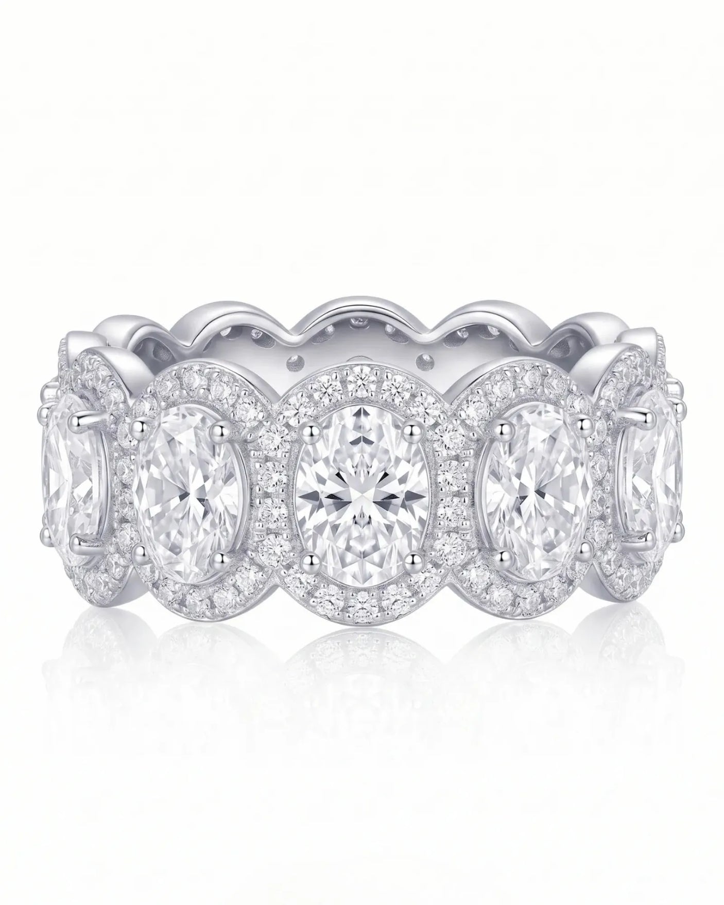 Oval Ring Wedding Band with Halo in White Gold