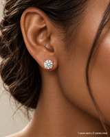 2.00 ct. tw. lab-grown round diamond studs in 18K rose gold, deep skin on-ear model | SARATTI