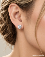 2.00 ct. tw. lab-grown round diamond studs in 18K white gold, fair skin on-ear model | SARATTI