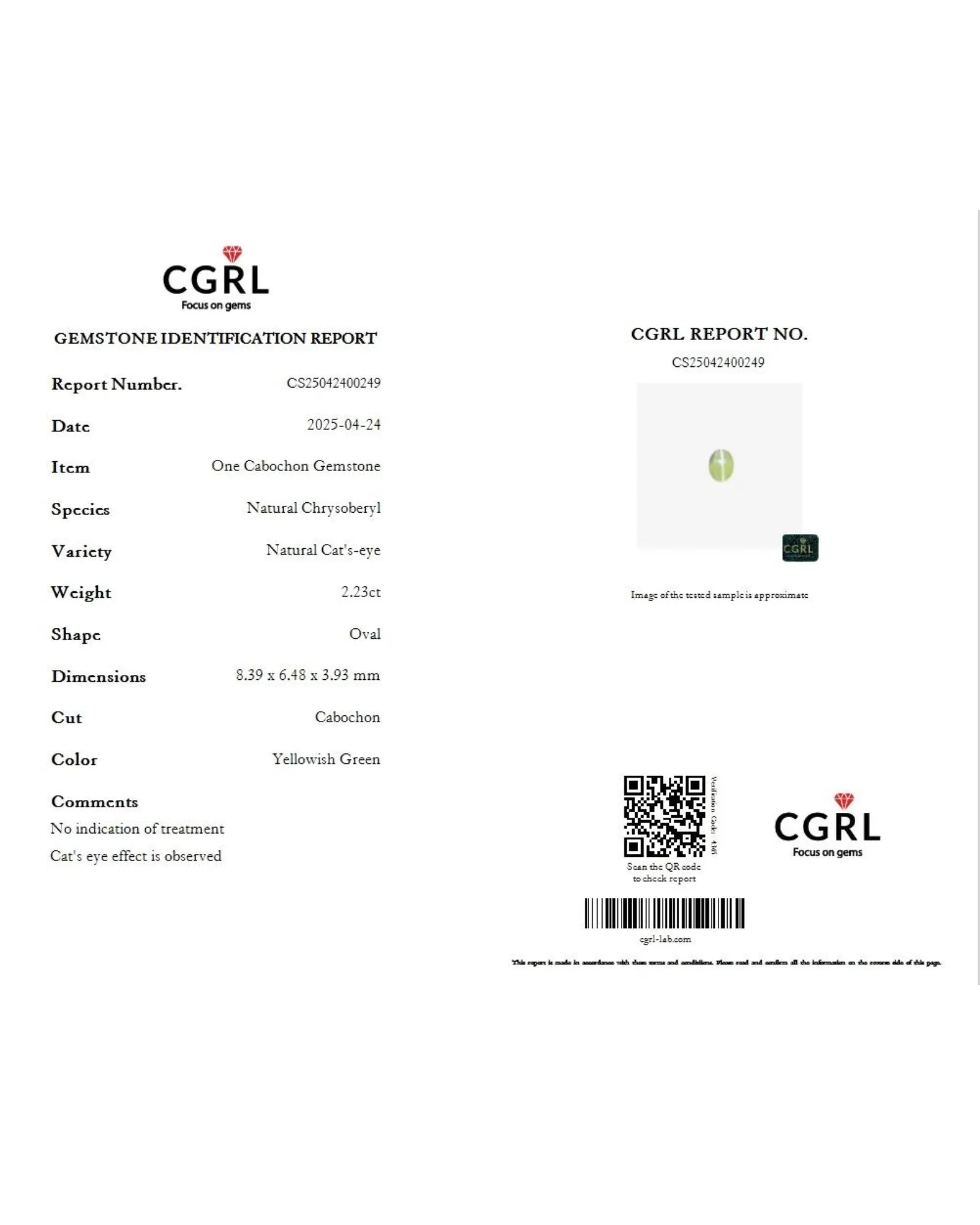 CGRL report CS25042400249 for 2.23 carat natural Cat's Eye Chrysoberyl