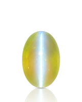 2.23 carat natural Yellowish Green Cat's-Eye Chrysoberyl oval cabochon showing a bright chatoyant band on the hand