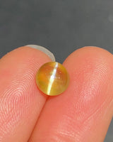 Close-up of 2.28 carat Honey Color Cat's-Eye Chrysoberyl showing a concentrated chatoyant band across the round cabochon