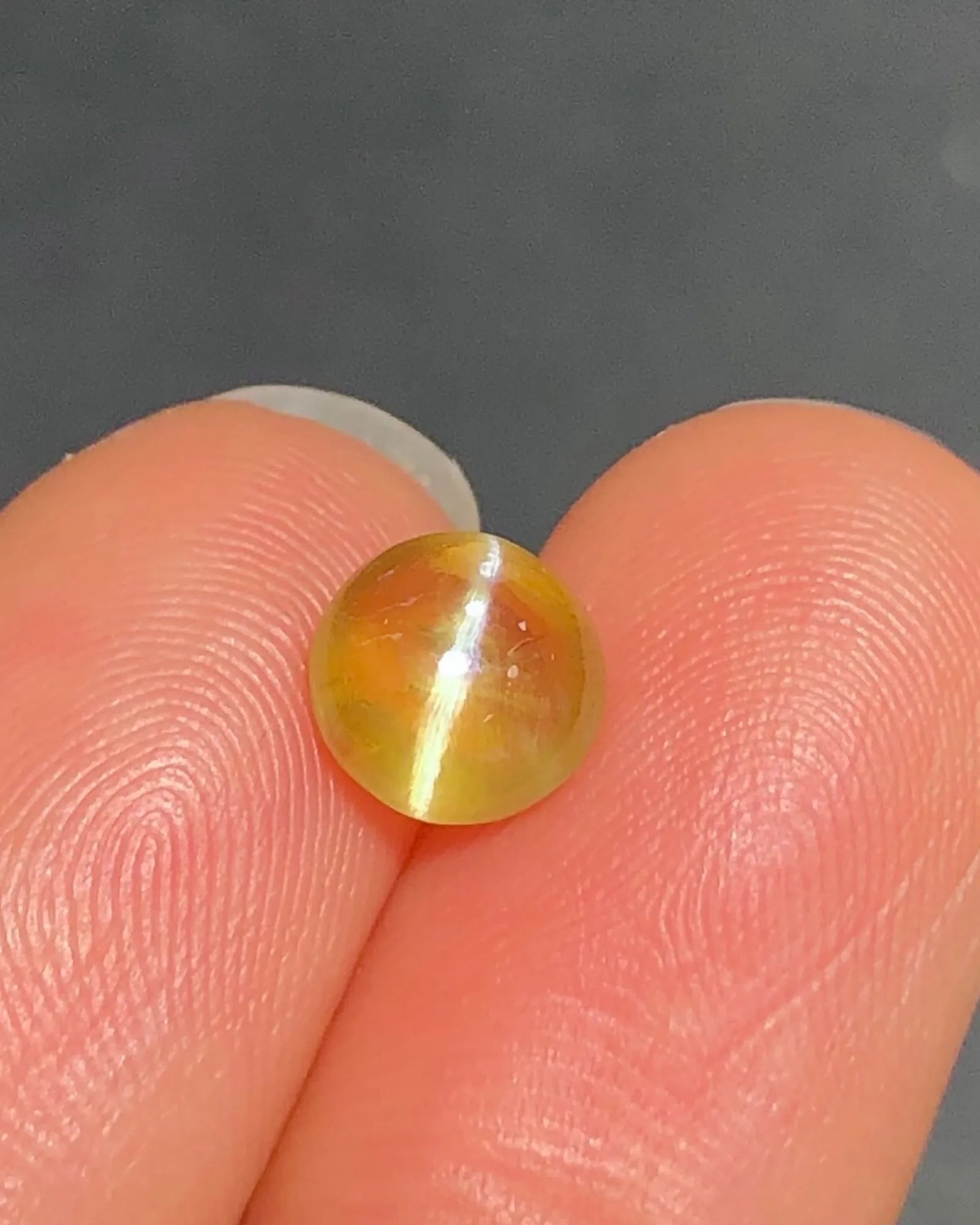 Close-up of 2.28 carat Honey Color Cat's-Eye Chrysoberyl showing a concentrated chatoyant band across the round cabochon