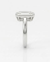 2 carat emerald-cut diamond bezel engagement ring in white gold, side profile | SARATTI