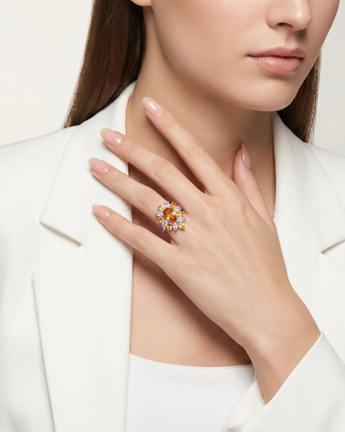 2.00ct yellow sapphire ring with 2.54ct white sapphire floral accents crafted in platinum | SARATTI