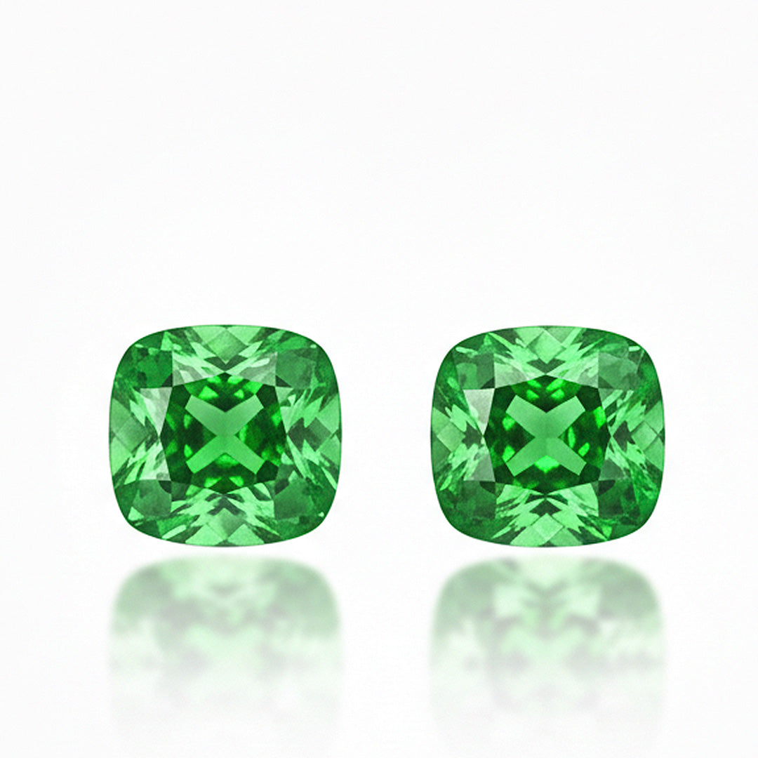 2.09 carats Natural Tsavorite Gemstone Matched Pair – Cushion Shape | 5.51 × 5.09 × 3.58 mm & 5.66 × 5.07 × 4.18 mm