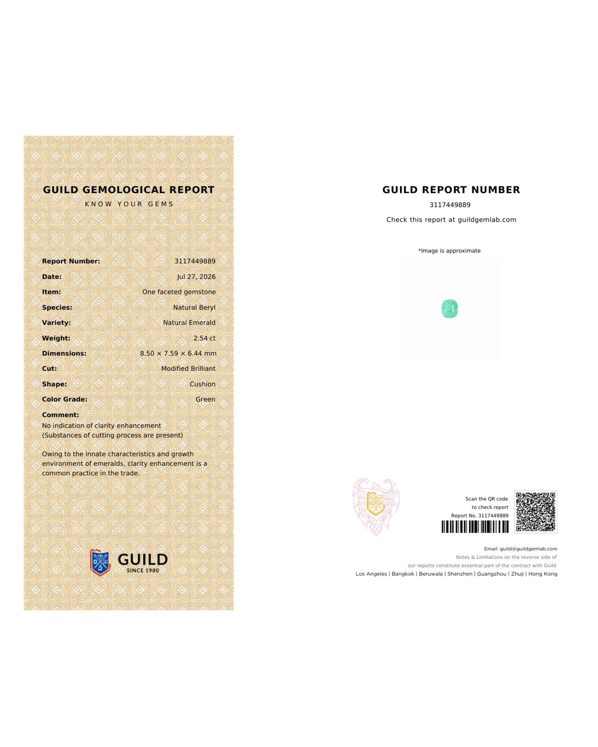 GUILD report for 2.54ct Natural Emerald showing no indication of clarity enhancement | SARATTI