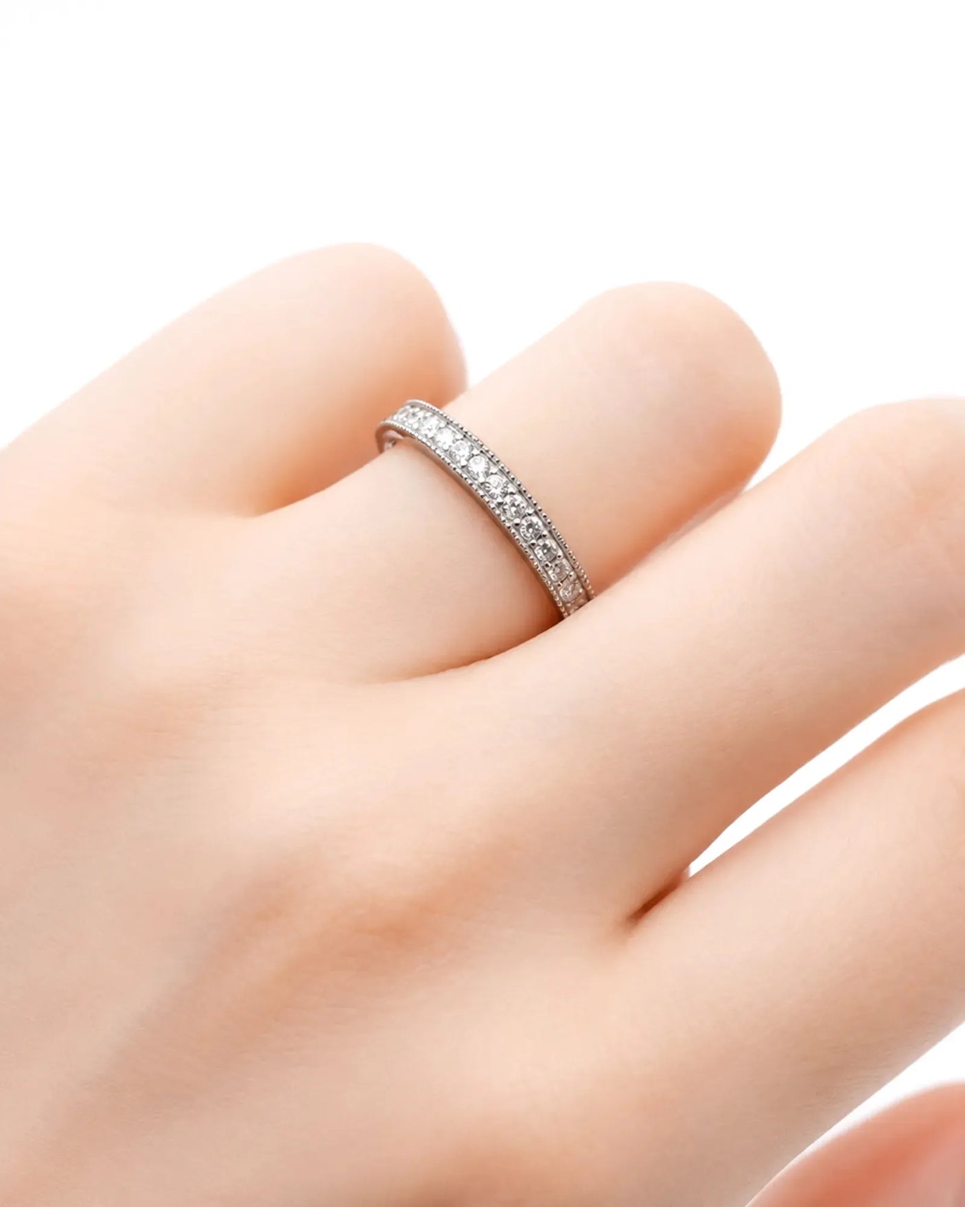Milgrain Wedding Band with Diamonds in White Gold