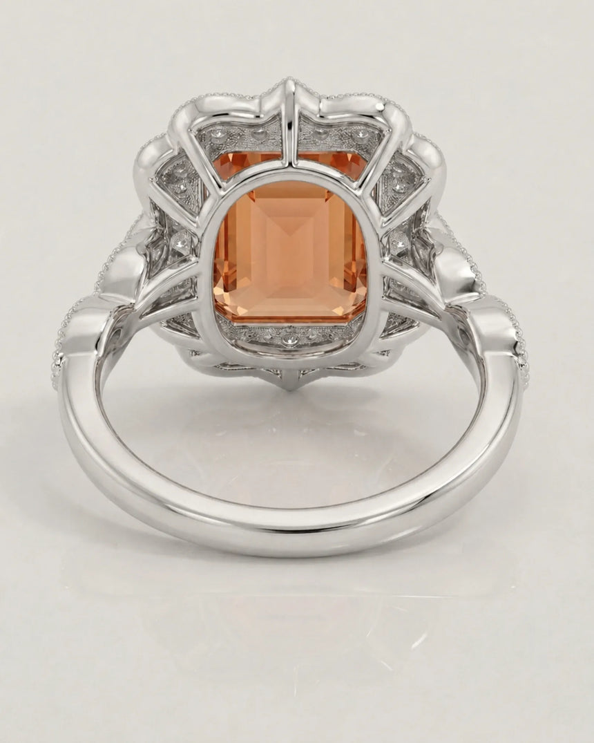 Platinum emerald cut Topaz halo setting with lace-inspired detail - SARATTI