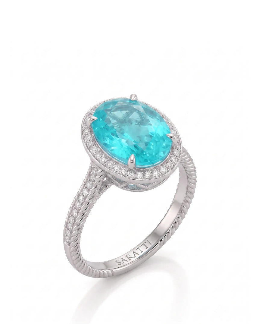 White gold view of Cordelle Halo Oval Paraiba Tourmaline diamond rope band setting | SARATTI