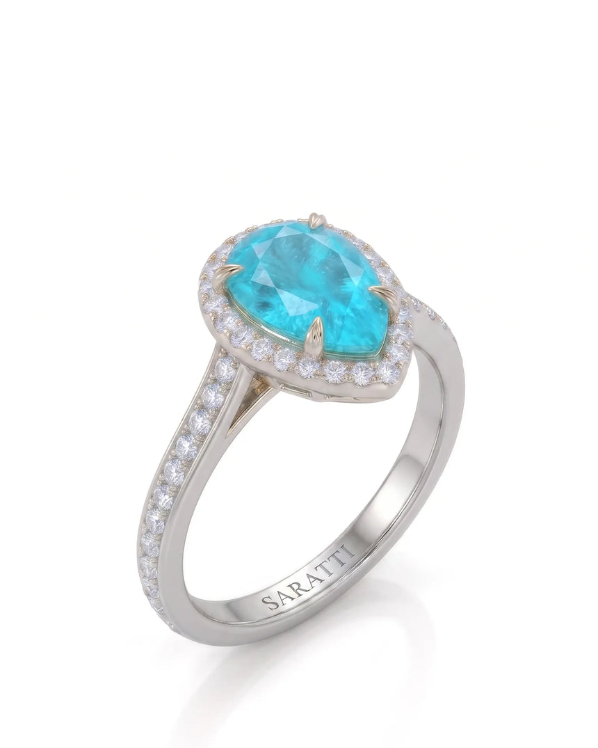 White gold view of Solenne Halo Pear Paraiba Tourmaline diamond halo setting | SARATTI
