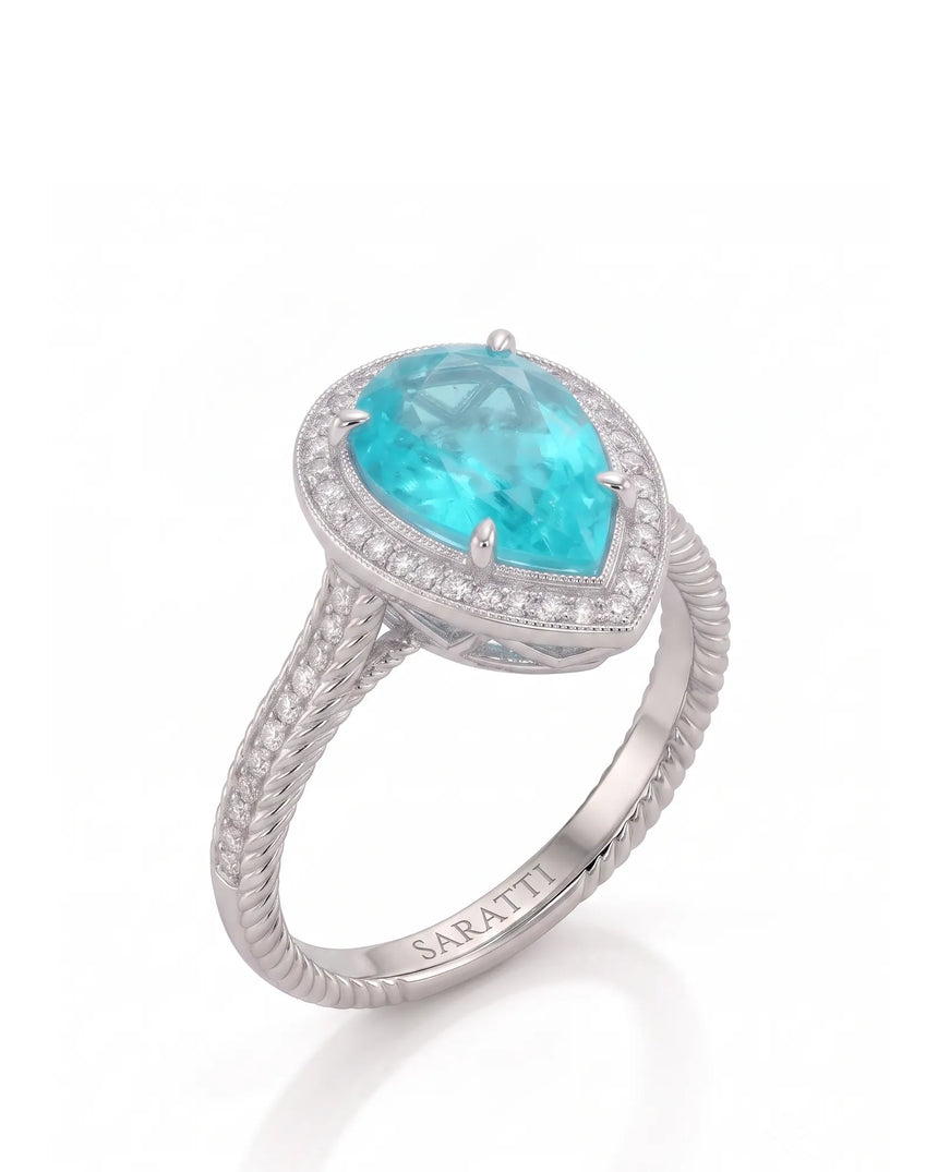 Cordelle Halo Pear Paraiba Tourmaline diamond rope band setting in white gold