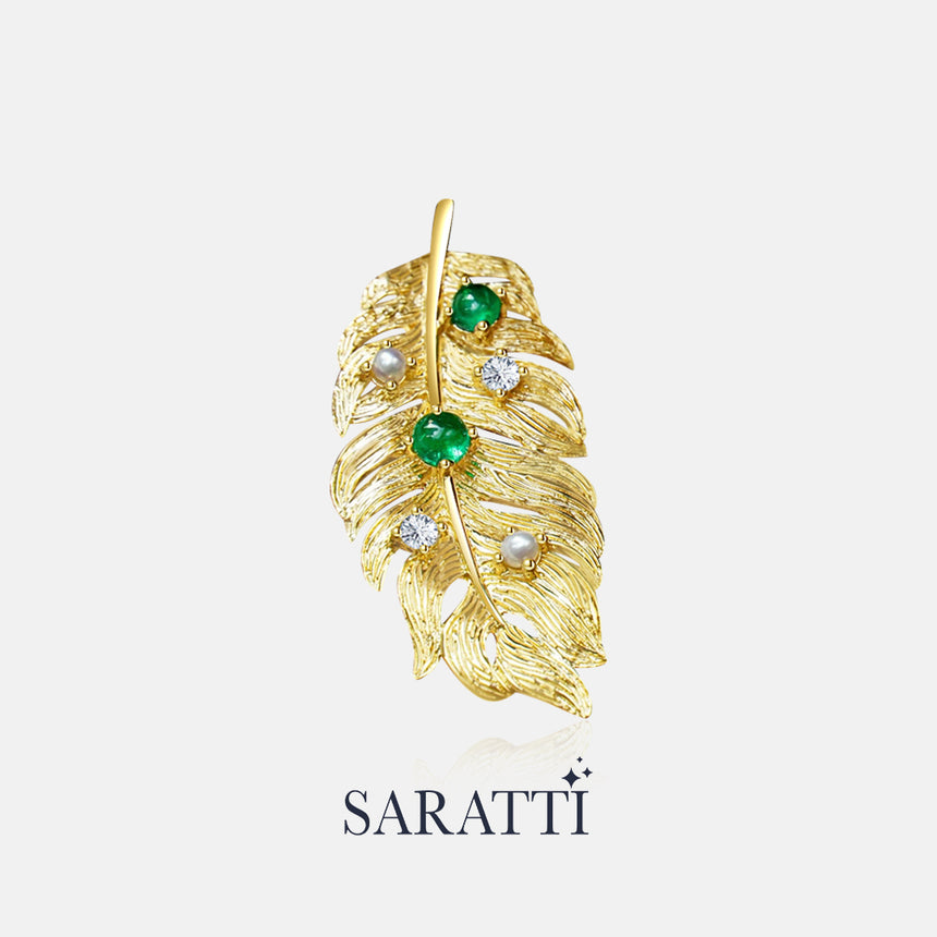 Hand-finished gold feather brooch with natural gemstones | SARATTI