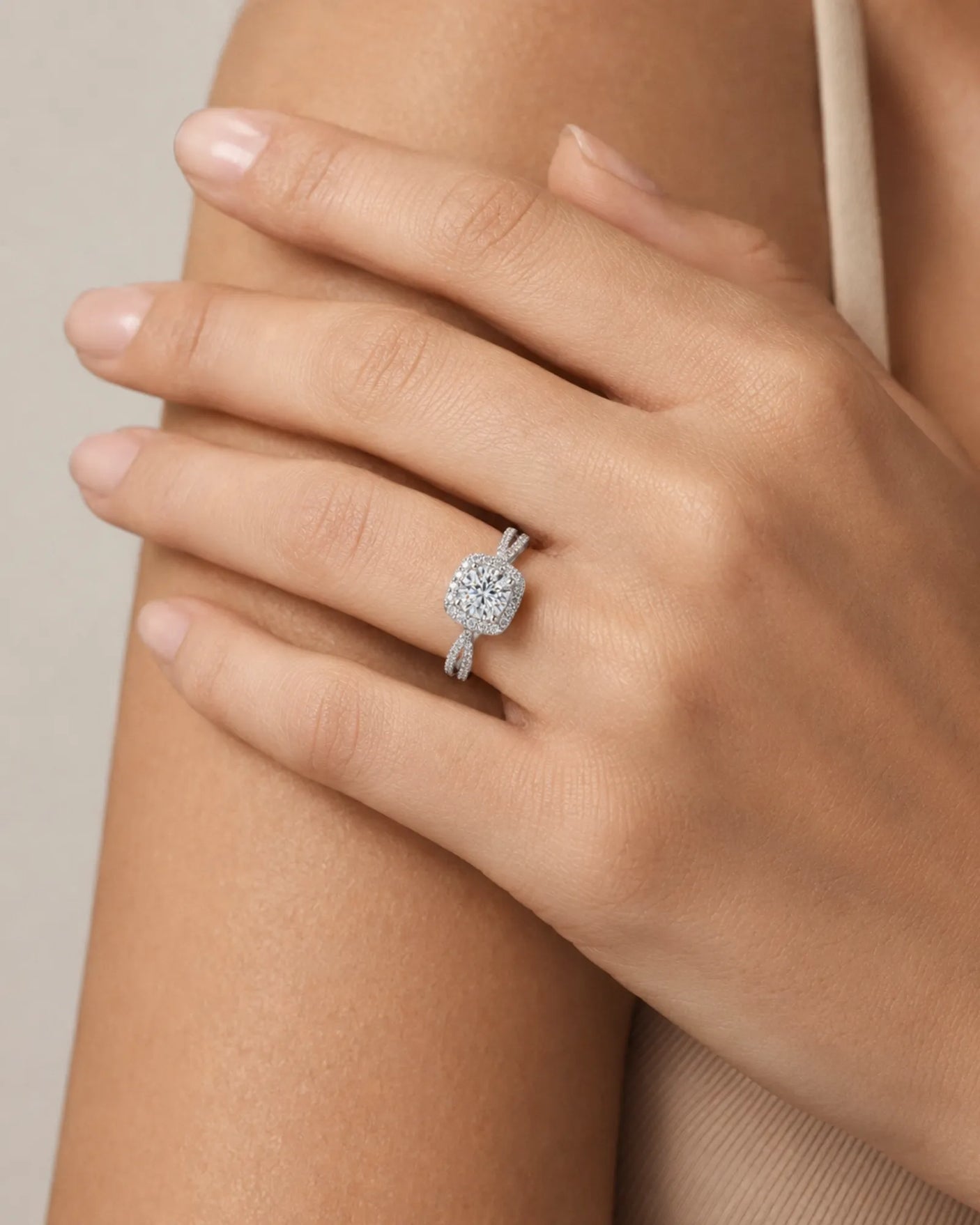 SANNIE • Split Shank Engagement Ring In White Gold