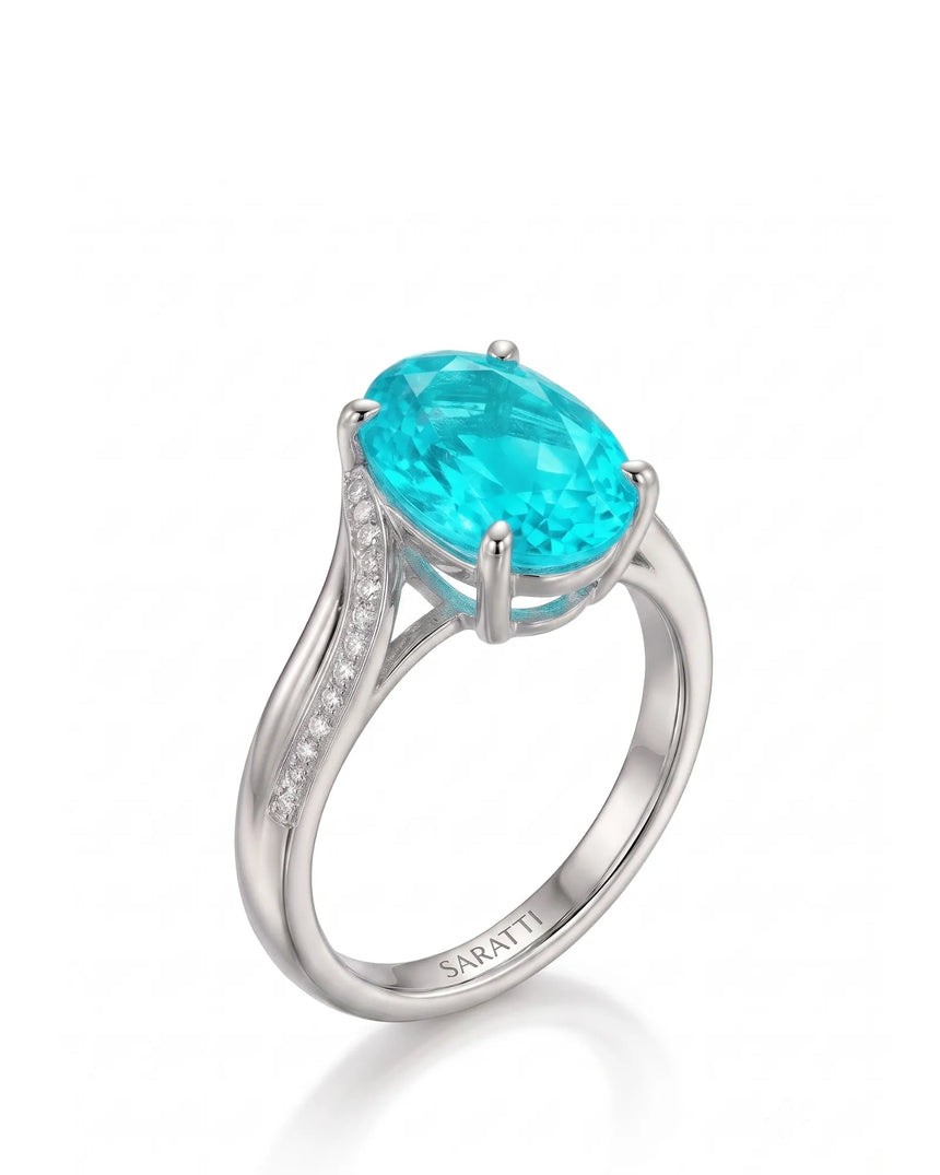 White gold view of Aveline Vow Oval Paraiba Tourmaline diamond bypass setting | SARATTI