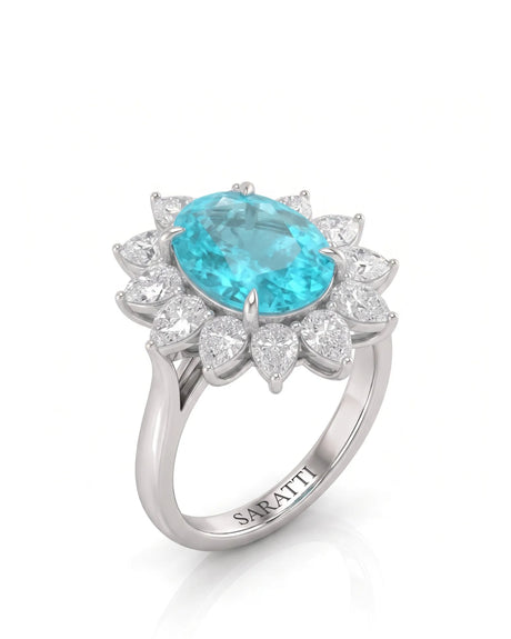 White gold view of ASTRA II Oval Paraiba Tourmaline cluster-shoulder solitaire setting | SARATTI
