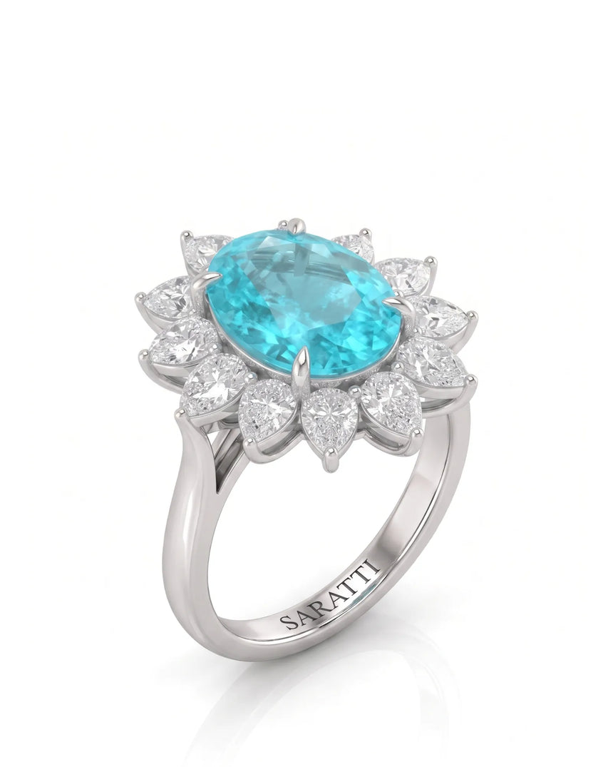 White gold view of ASTRA II Oval Paraiba Tourmaline cluster-shoulder solitaire setting | SARATTI
