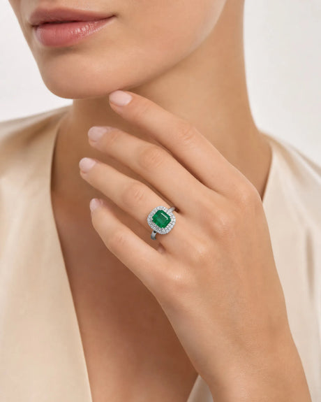 2 carat natural emerald double diamond frame ring in white gold | SARATTI