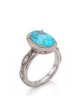 VIRELIA Oval Paraiba Tourmaline vintage milgrain diamond setting in platinum