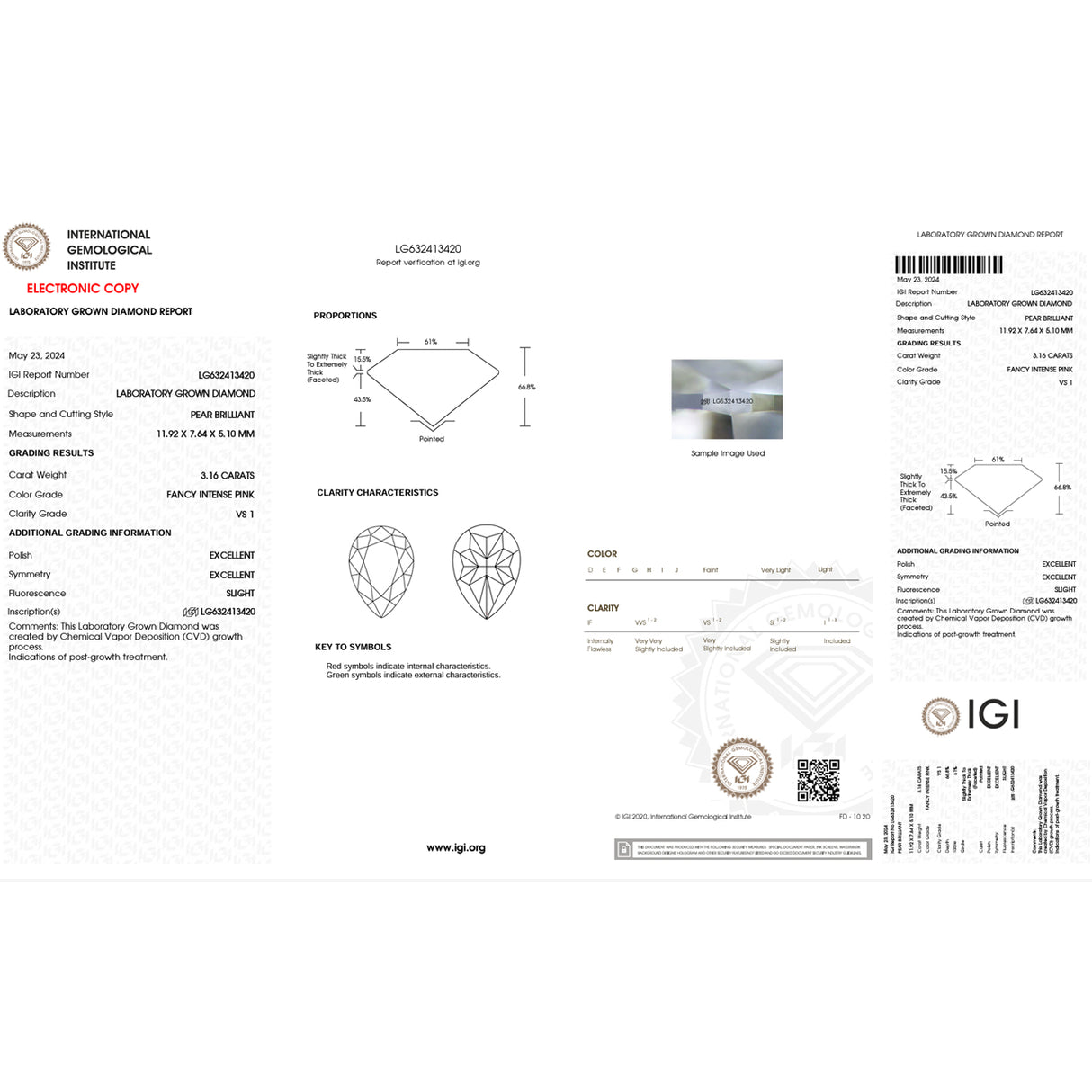 IGI Lab Certificate for Pear Cut Intense Pink Lab Grown Diamond | Saratti Jewelry