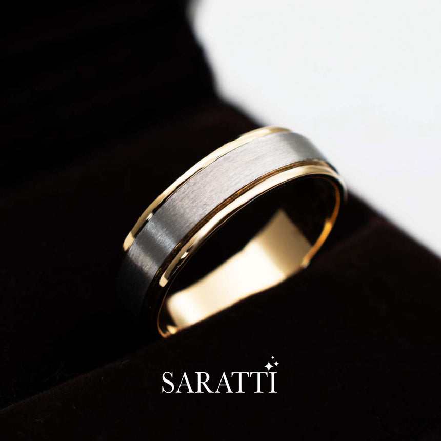 Mens comfort fit wedding band classic two tone ring in 18K white and yellow gold | SARATTI