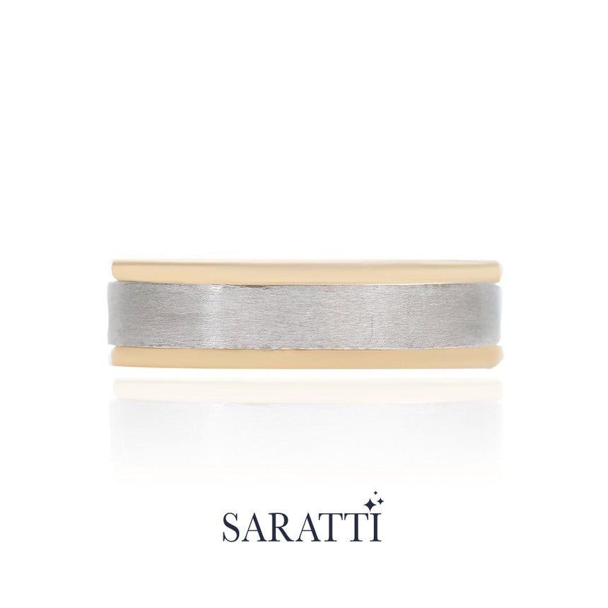 Mens comfort fit wedding band handcrafted luxury wedding ring in 18K white and yellow gold | SARATTI