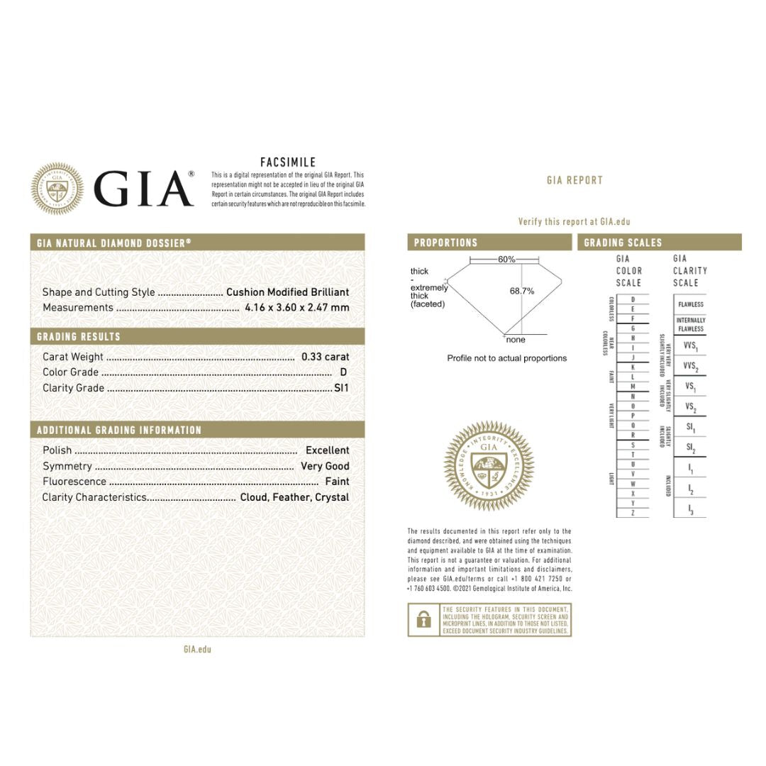 0.33 carat  Radiant Cut Color D SI1 Clarity Natural Diamond | GIA Certified