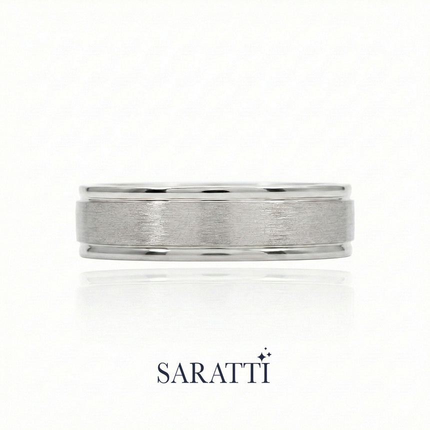 Mens comfort fit wedding band worn on hand in platinum | SARATTI