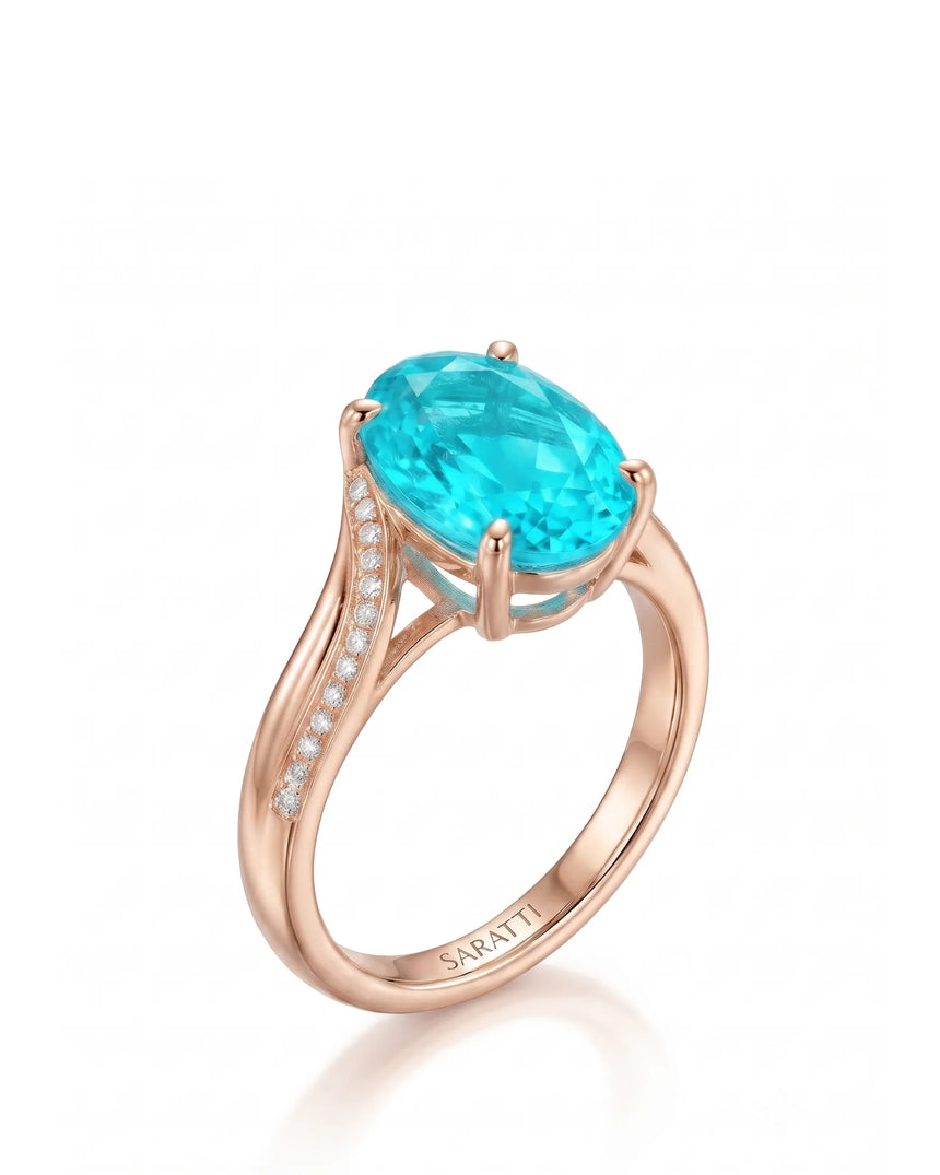 Rose gold view of Aveline Vow Oval Paraiba Tourmaline diamond bypass setting | SARATTI