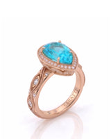 Rose gold view of VIRELIA Pear Paraiba Tourmaline vintage milgrain diamond setting | SARATTI