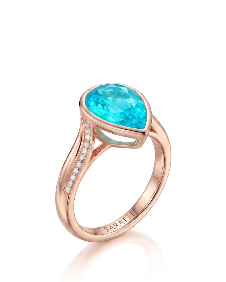 Rose gold view of Aveline Vow Pear Paraiba Tourmaline diamond bypass setting | SARATTI