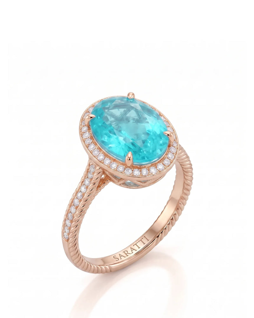 Rose gold view of Cordelle Halo Oval Paraiba Tourmaline diamond rope band setting | SARATTI