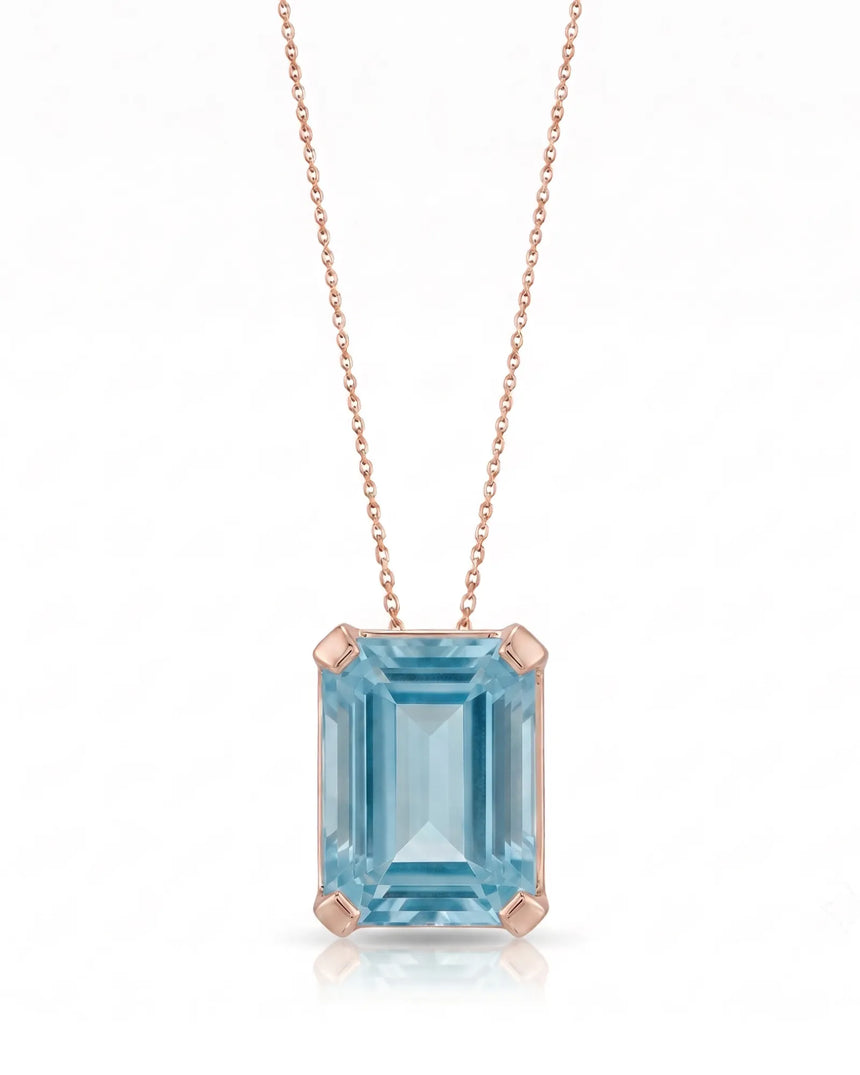 AURELLE emerald cut Aquamarine solitaire necklace setting in rose gold front view | SARATTI