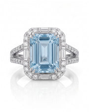Aureline Halo emerald cut Aquamarine diamond halo ring setting in white gold, front view | SARATTI