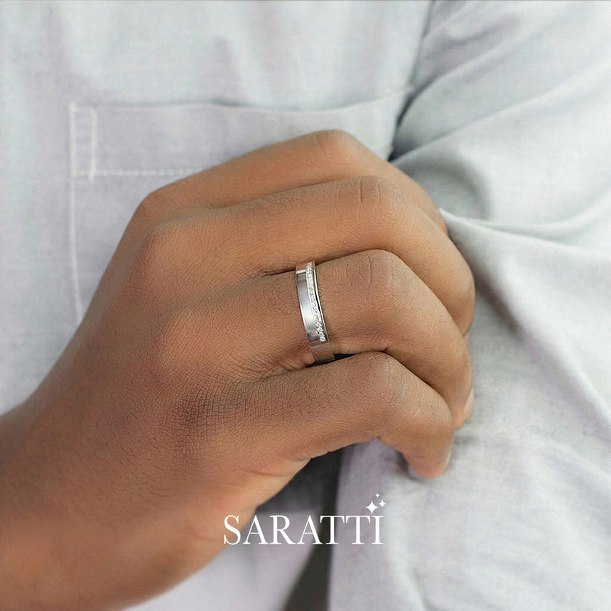 Thin mens wedding band worn on hand in 18K white gold | SARATTI
