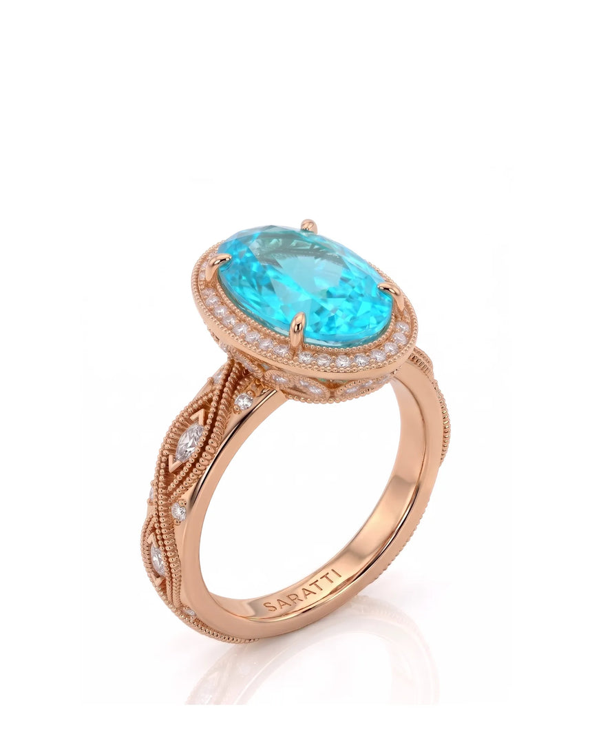 VIRELIA Oval Paraiba Tourmaline vintage milgrain diamond setting in rose gold