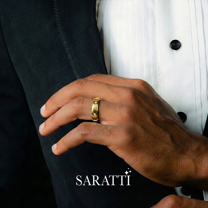 6mm mens wedding band with diamonds worn on hand in 18K yellow gold | SARATTI