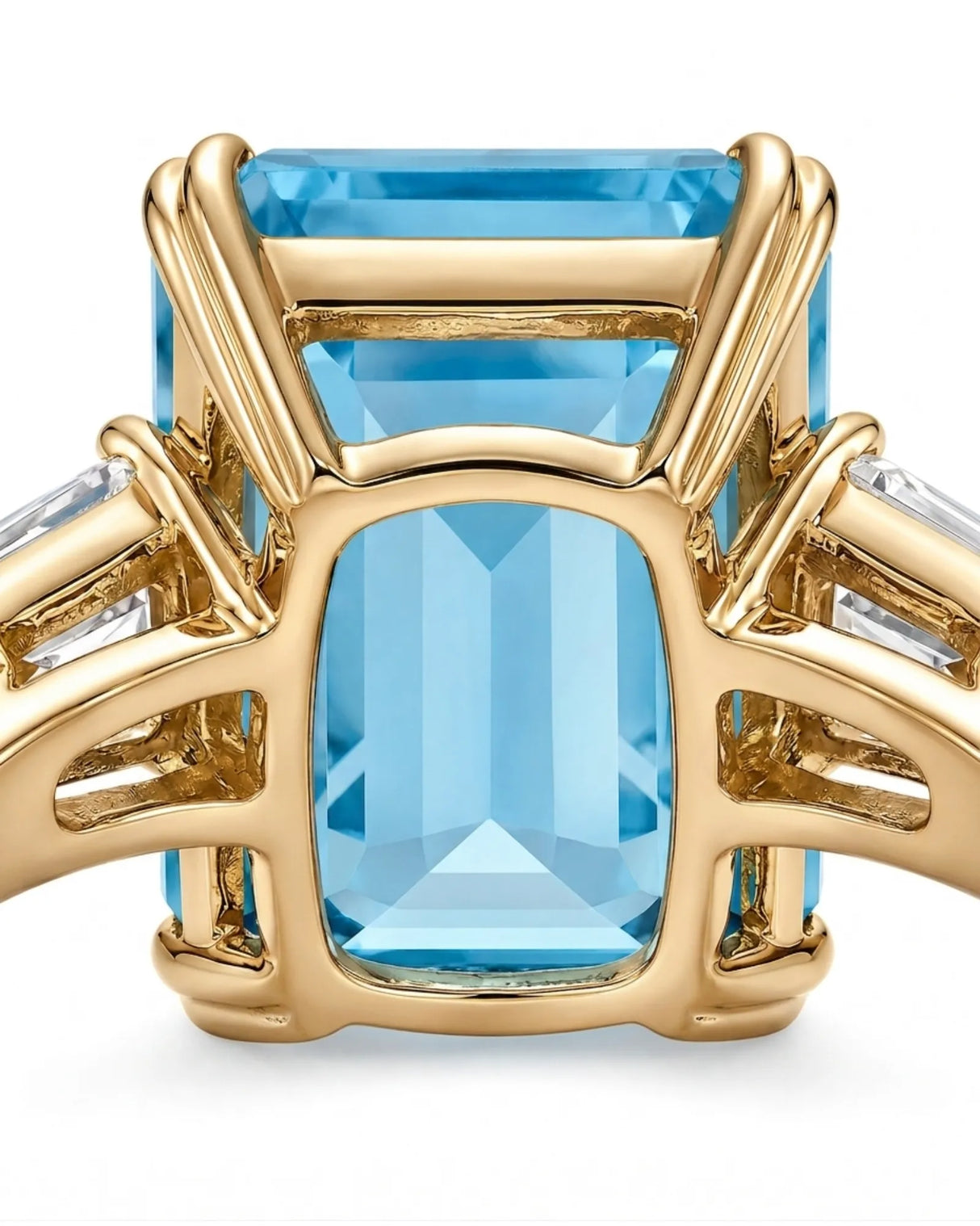 Équilibre emerald-cut Aquamarine baguette three-stone ring setting in precious metal, profile view | SARATTI