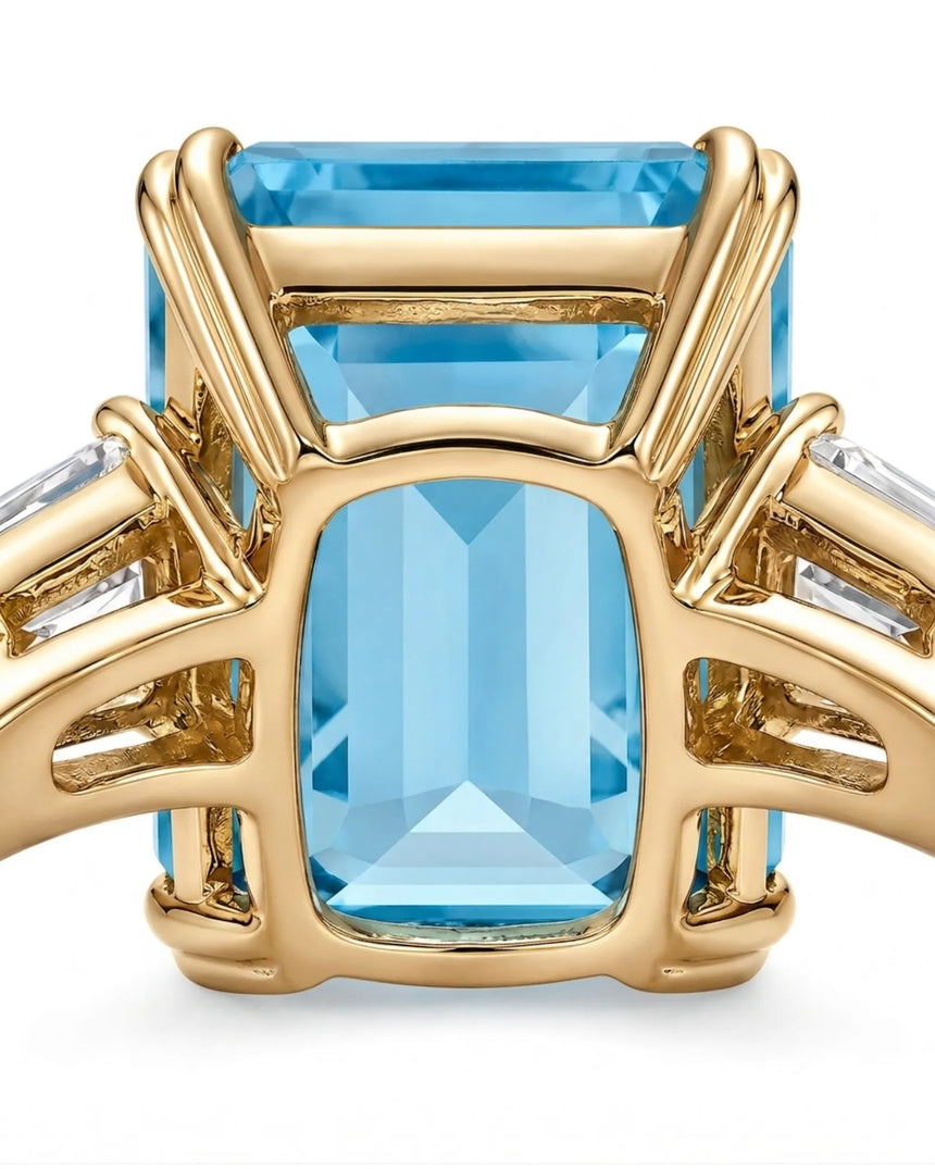 Emerald Cut Aquamarine Three Stone Ring