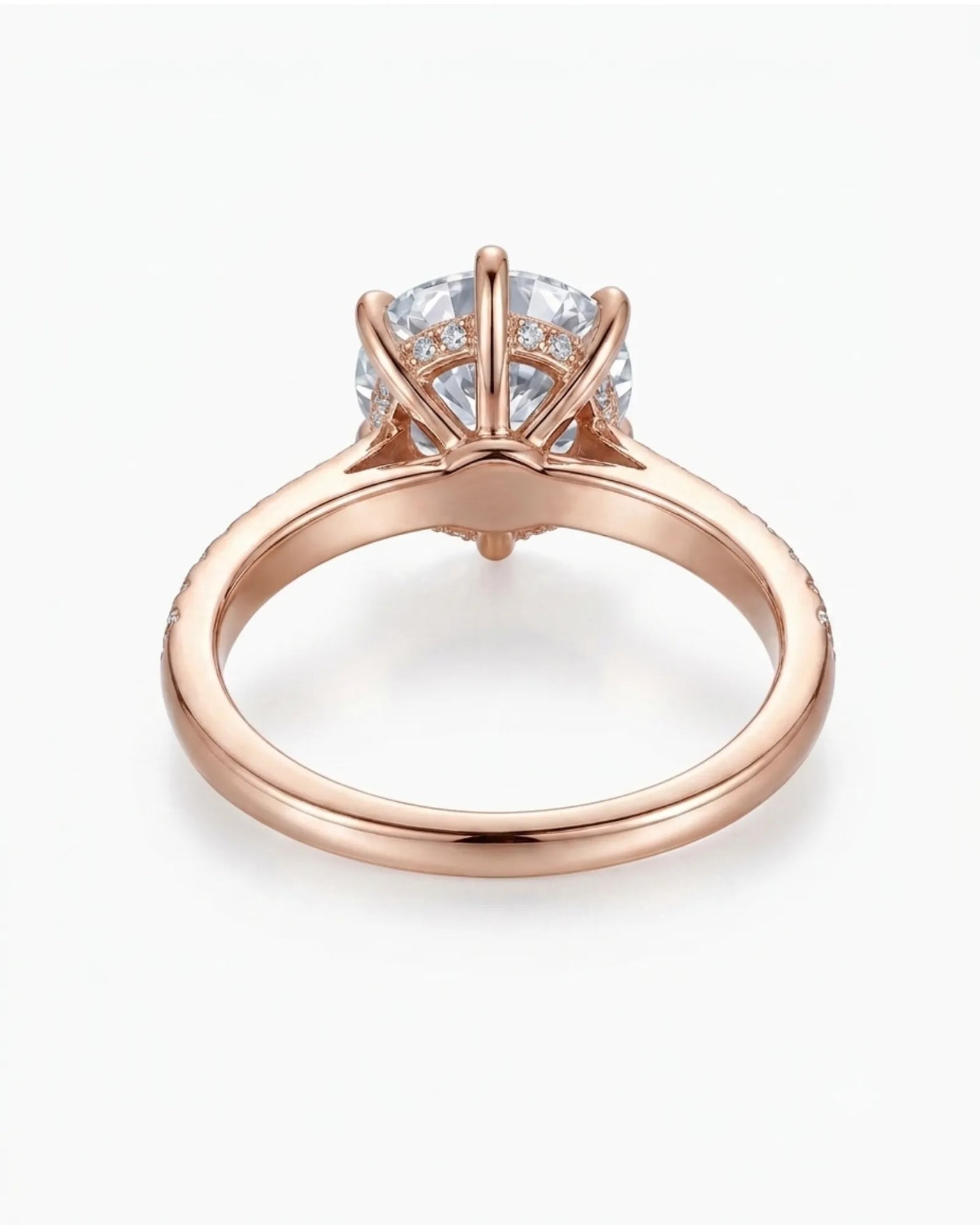 3 carat moissanite six-prong ring with side stones in 18K rose gold | SARATTI