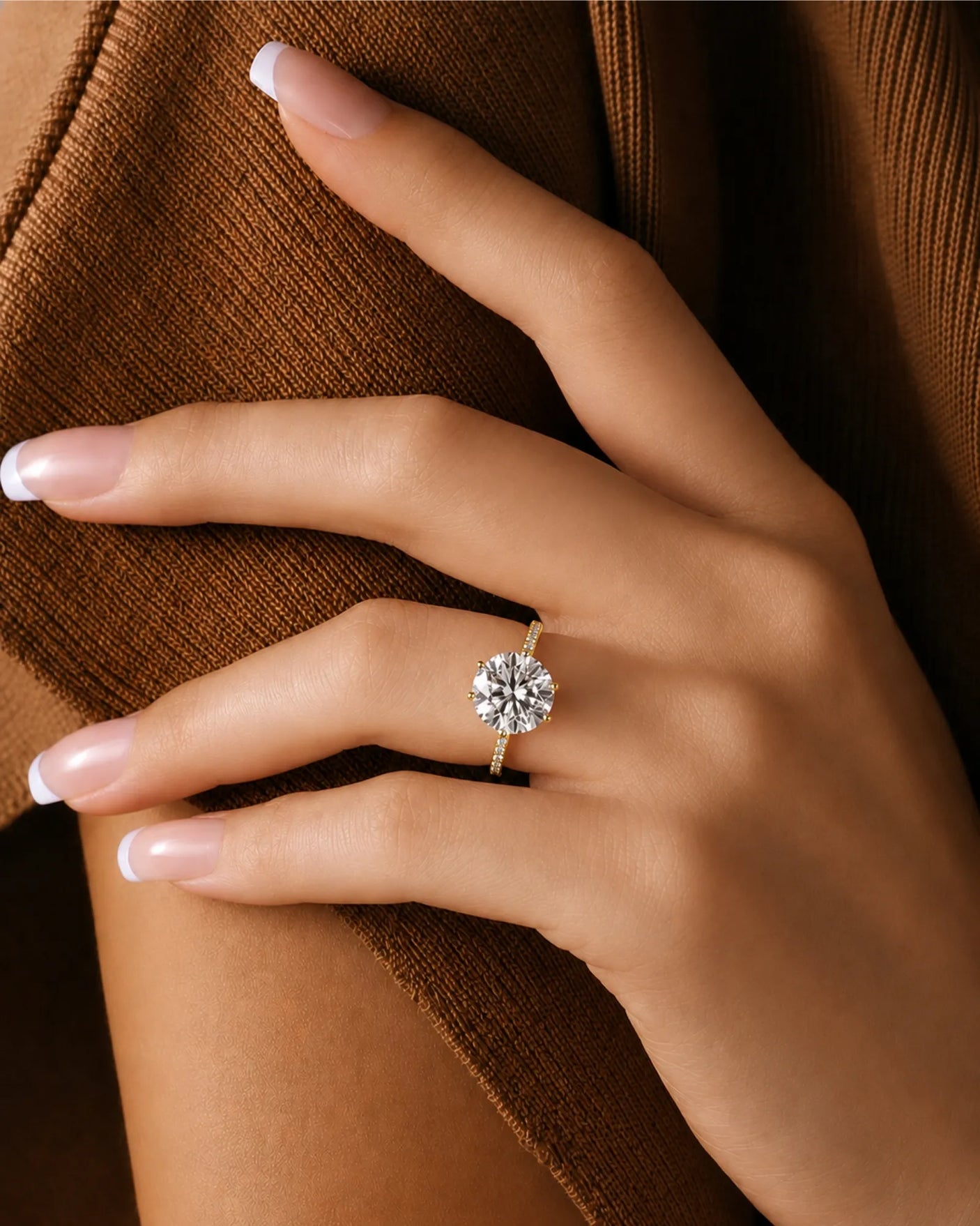 3 carat moissanite six-prong ring with side stones in 18K yellow gold | SARATTI