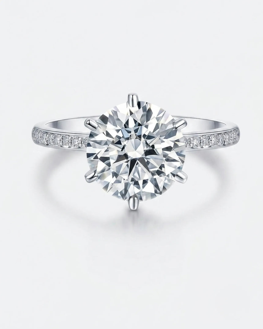 3 carat moissanite six-prong ring with side stones in platinum | SARATTI