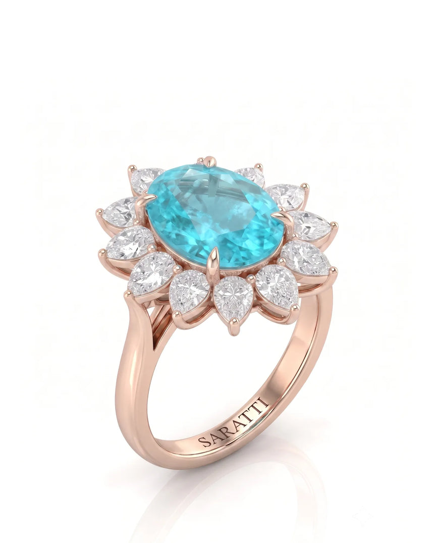 Rose gold view of ASTRA II Oval Paraiba Tourmaline cluster-shoulder solitaire setting | SARATTI