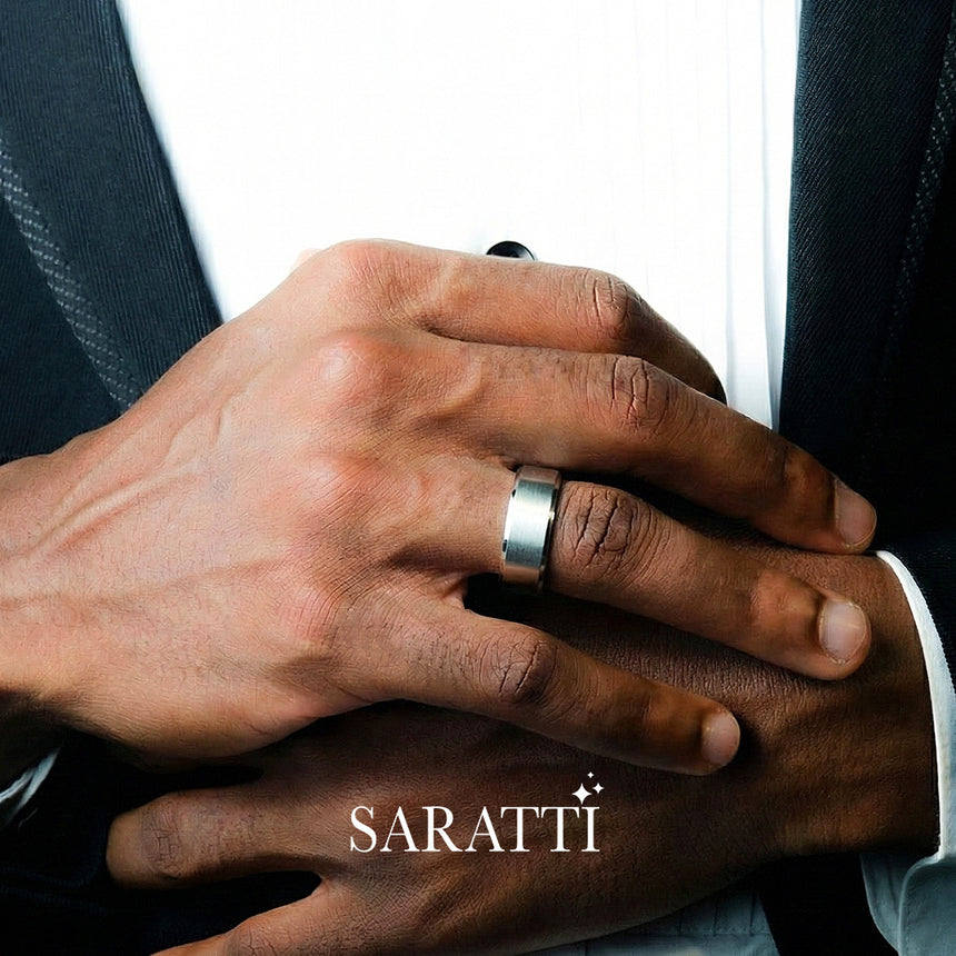 8mm mens wedding band brushed finish design detail in platinum | SARATTI