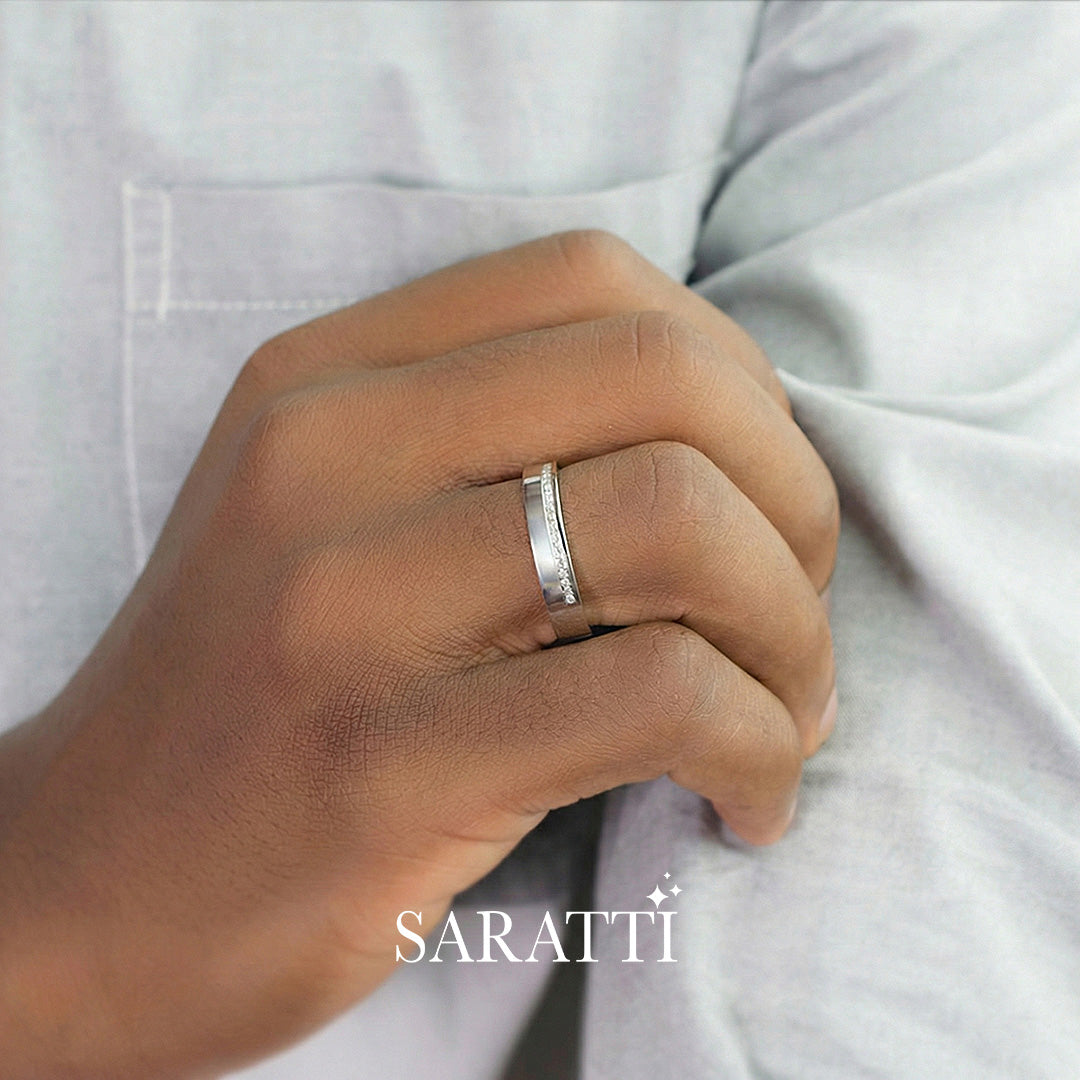 Thin mens wedding band worn on hand in platinum | SARATTI