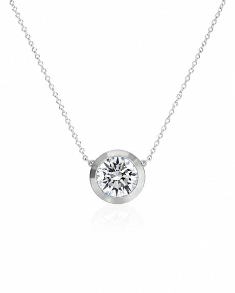 SOLARA Bezel-Set Round Cut solitaire necklace setting in white gold, front view | SARATTI