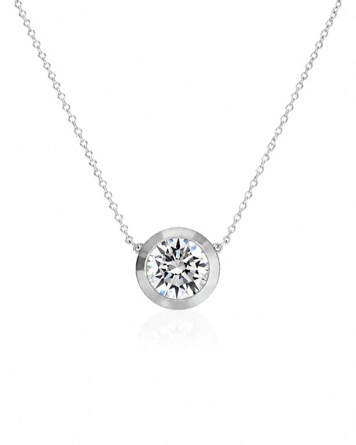 SOLARA Bezel-Set Round Cut solitaire necklace setting in white gold, front view | SARATTI